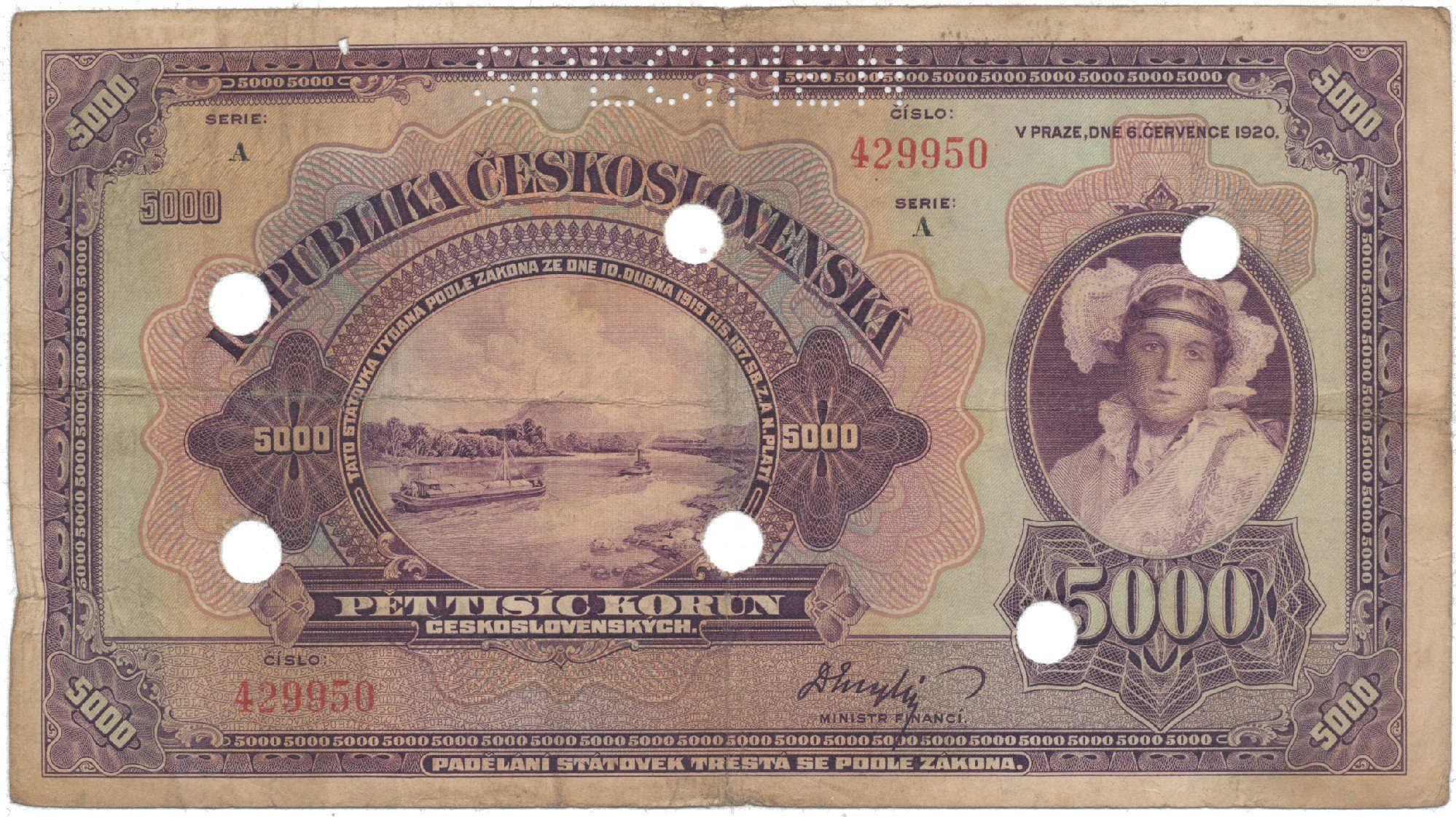 5000 Koruna 1920, série A, SPECIMEN + skartační otvory, Hej.17a.S3