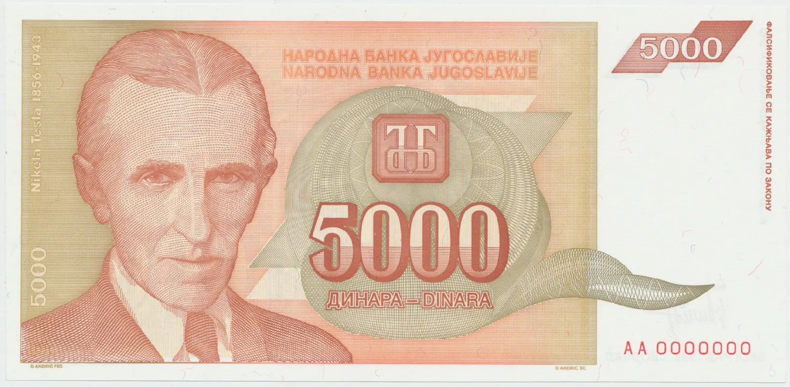 Jugoslávie, 5000 Dinara 1993, anulát AA 0000000, P.128