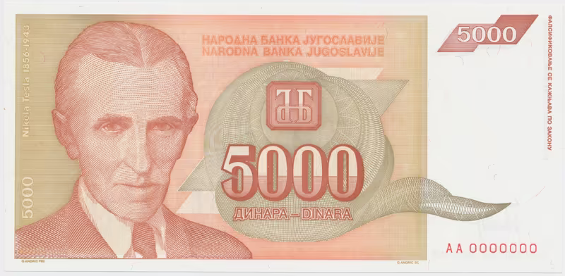 Jugoslávie, 5000 Dinara 1993, anulát AA 0000000, P.128