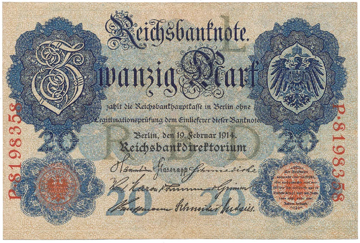 Německo, 20 Mark 1914, 7-místný číslovač, Ros.47b
