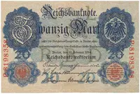Německo, 20 Mark 1914, 7-místný číslovač, Ros.47b