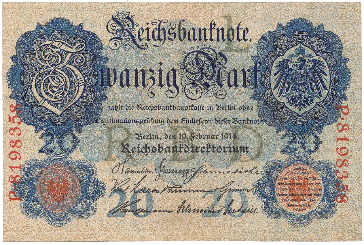 Německo, 20 Mark 1914, 7-místný číslovač, Ros.47b