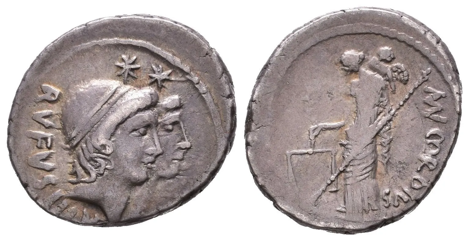 Denár, Hlavy Dioscurů s hvězdami nad hlavou, RVFVS III VIR / Veris Verticordia — 1