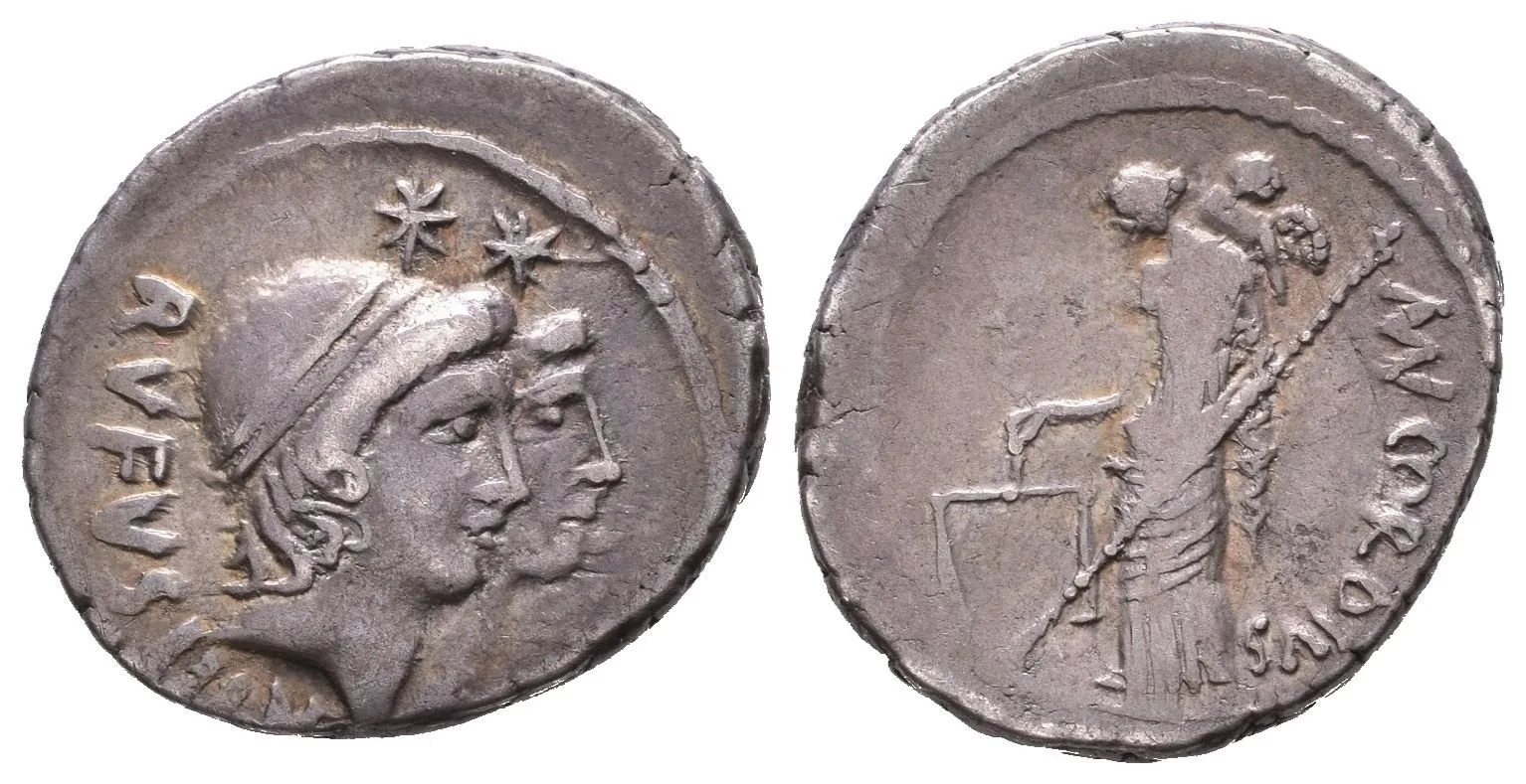 Denár, Hlavy Dioscurů s hvězdami nad hlavou, RVFVS III VIR / Veris Verticordia — 1