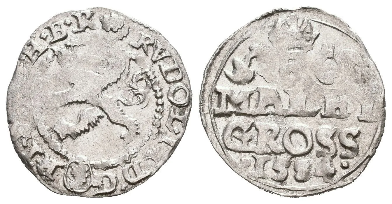 Malý groš 1584, Kutná Hora-Šatný, HN.1b (opis 7a), var. tečky po stranách letopočtu, — 1