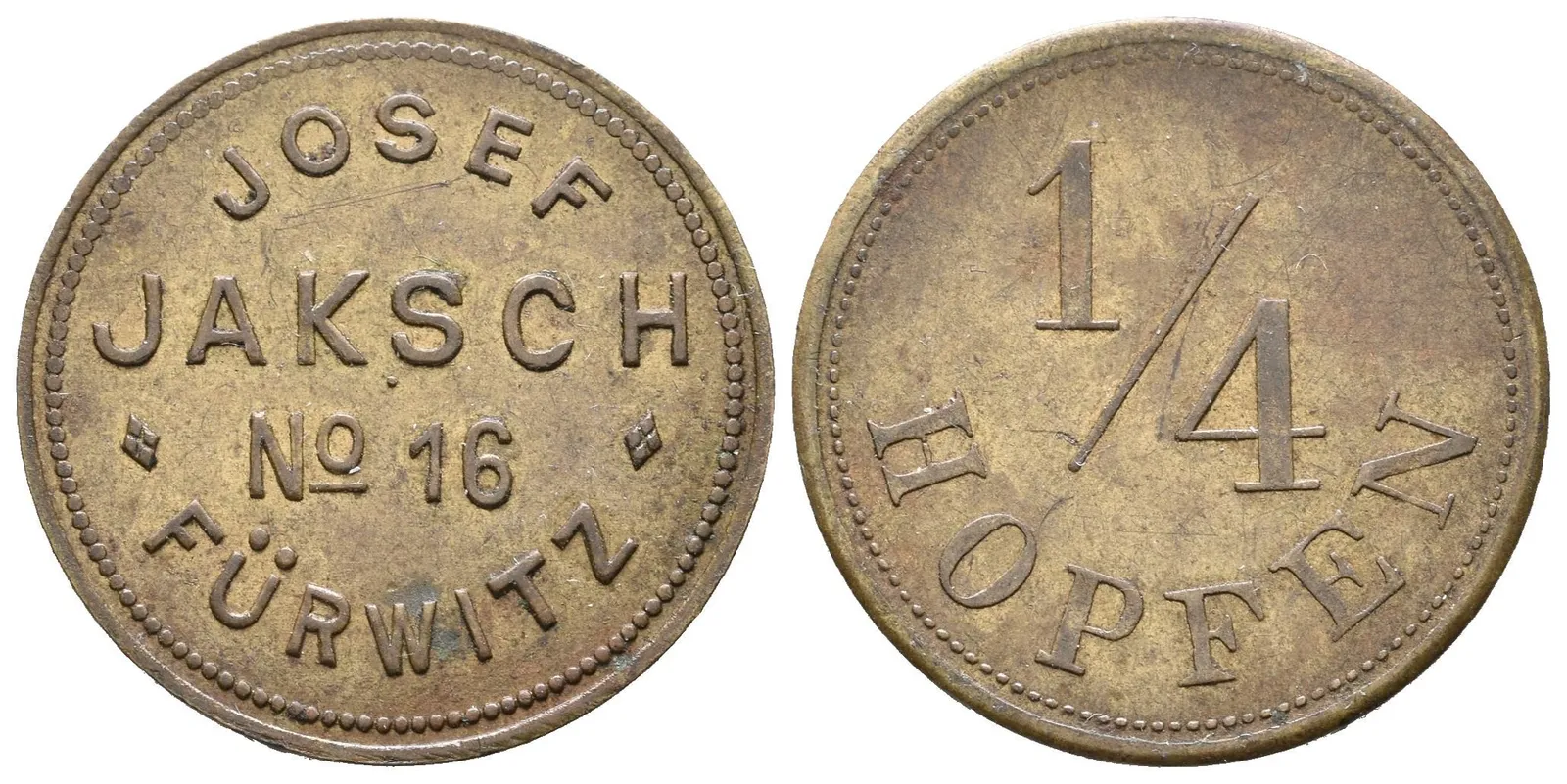 Vrbice / Fürwitz - Josef Jaksch č.16, známka na věrtel chmele. Ms 25 mm — 1