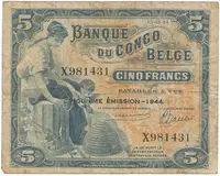 Belgické Kongo, 5 Francs 1944, P.13Ac