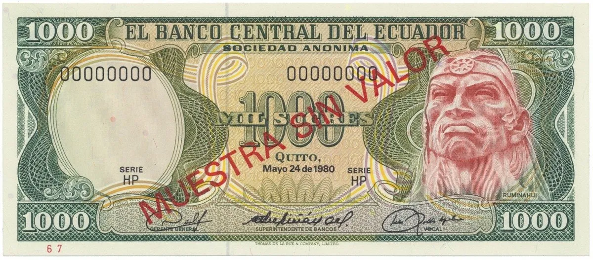 Ekvádor, 1000 Sucres 1980, anulát - MUESTRA, P.120s2