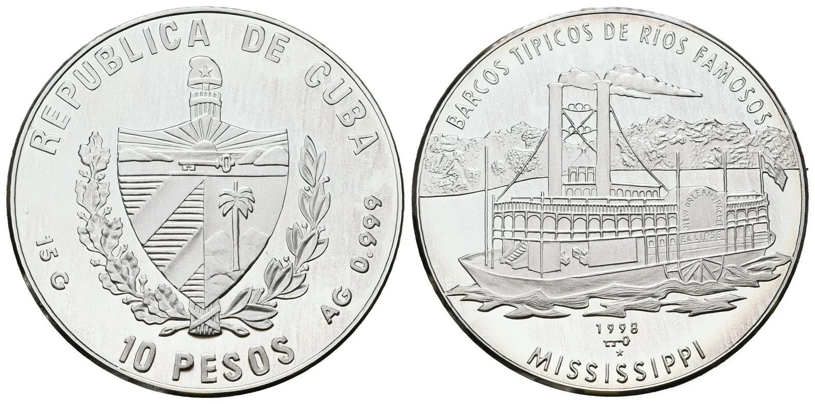 Kuba, 10 Pesos 1998 - Člun na Mississippi