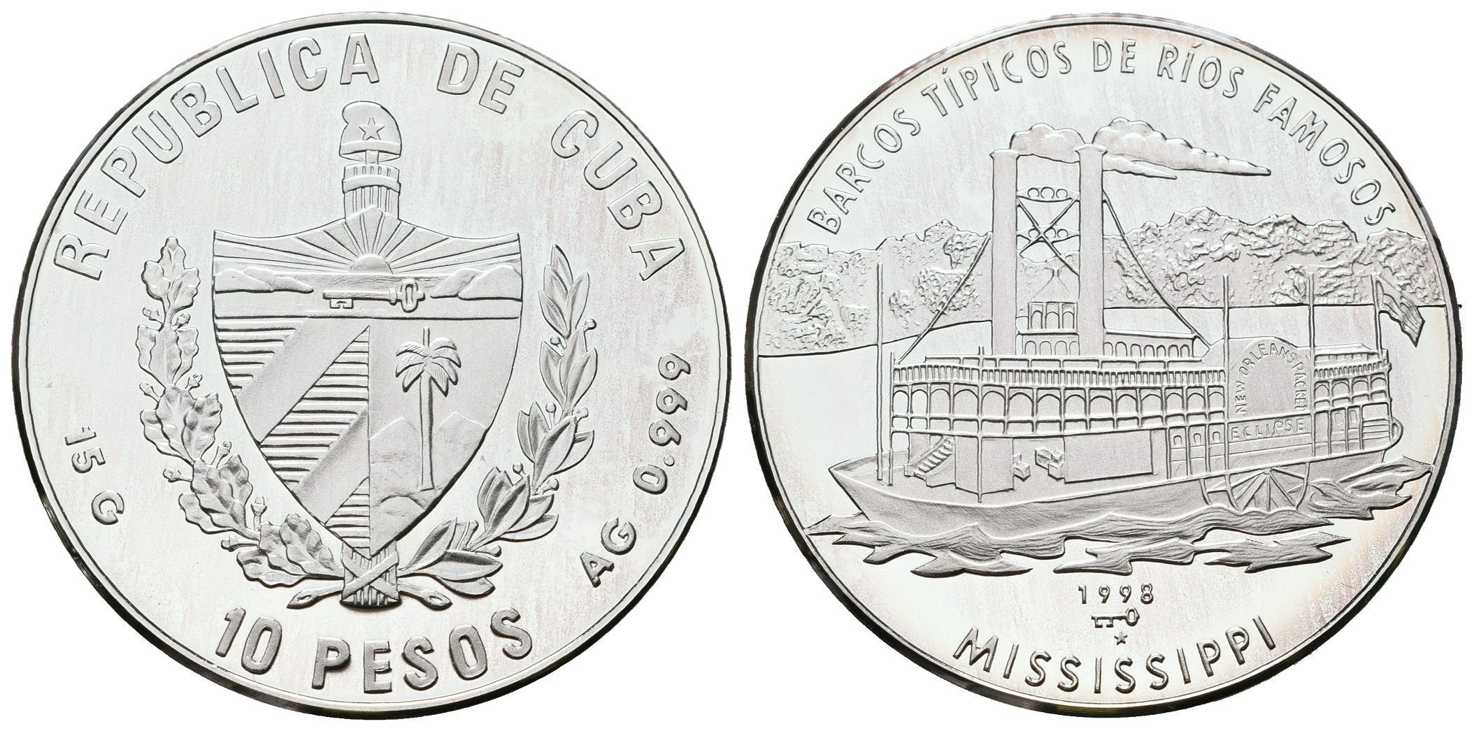 Kuba, 10 Pesos 1998 - Člun na Mississippi