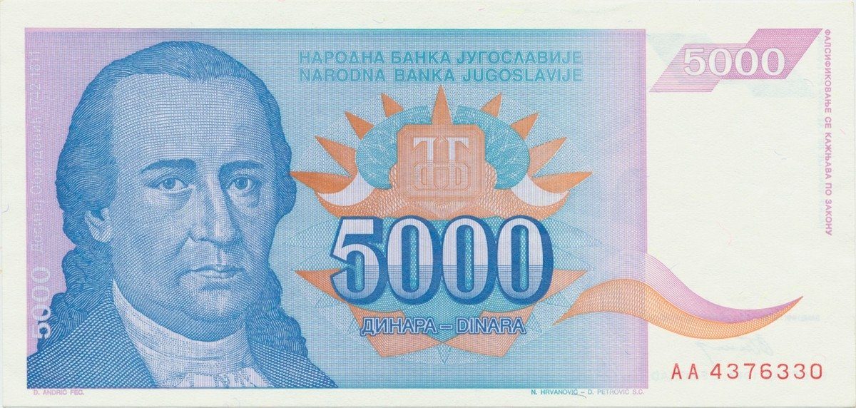 Jugoslávie, 5000 Dinara 1994, P.141