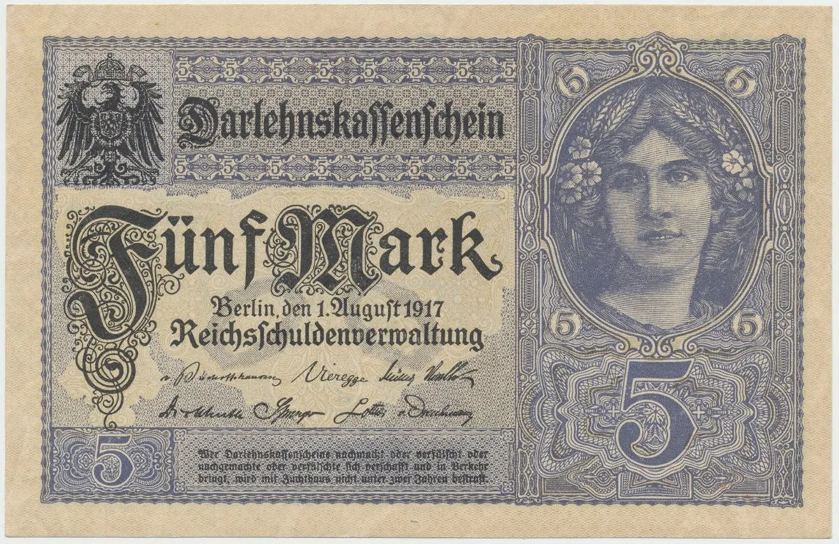 Německo, 5 Mark 1917, 8-místný číslovač, Ro.54c