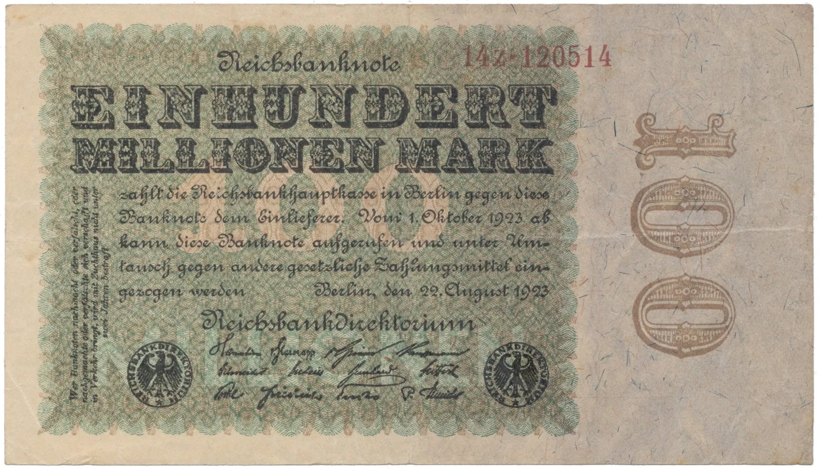 Německo, 100 Millionen Mark 1923, Eichenlaub, Ro.106c