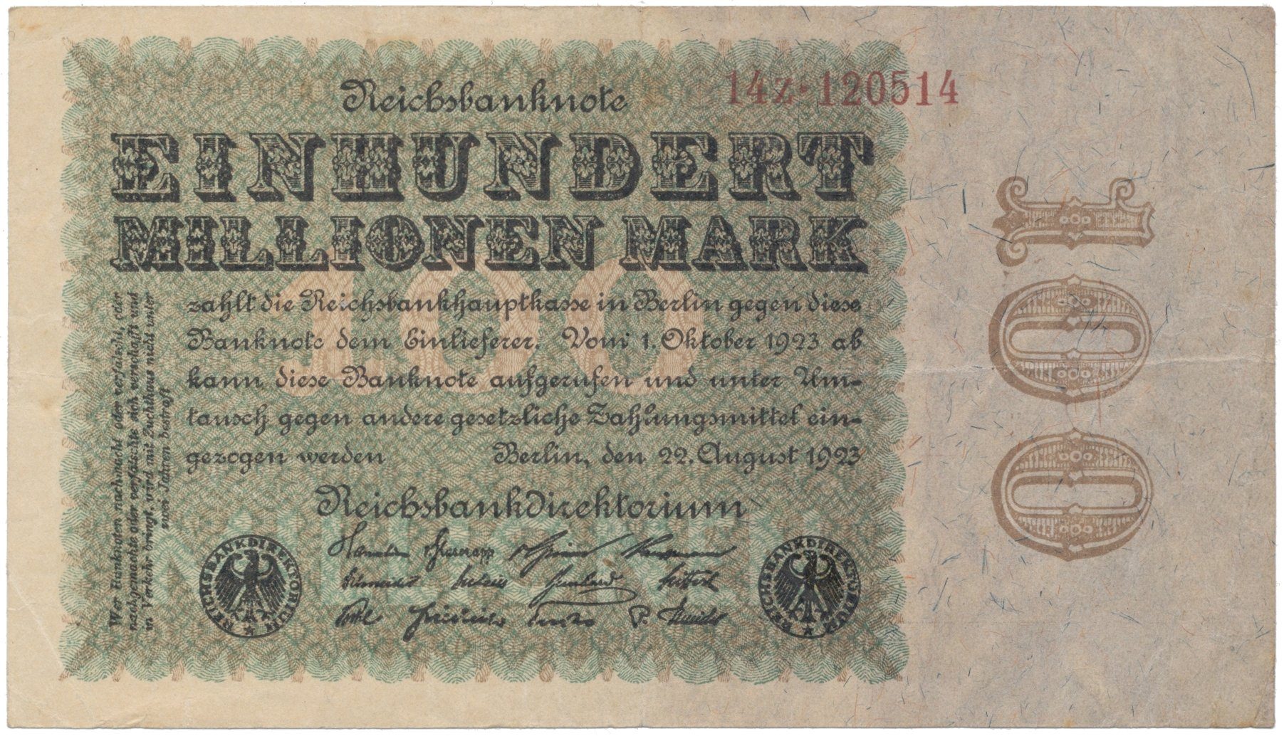Německo, 100 Millionen Mark 1923, Eichenlaub, Ro.106c