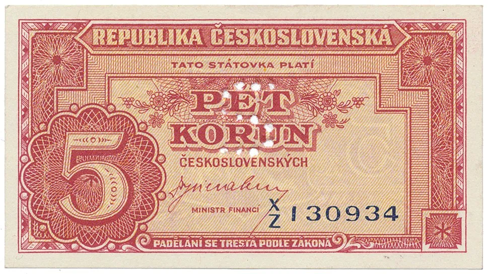 Československo, 5 Koruna b.d. (1945), perforace písmenem "S", Hej.70a.S3