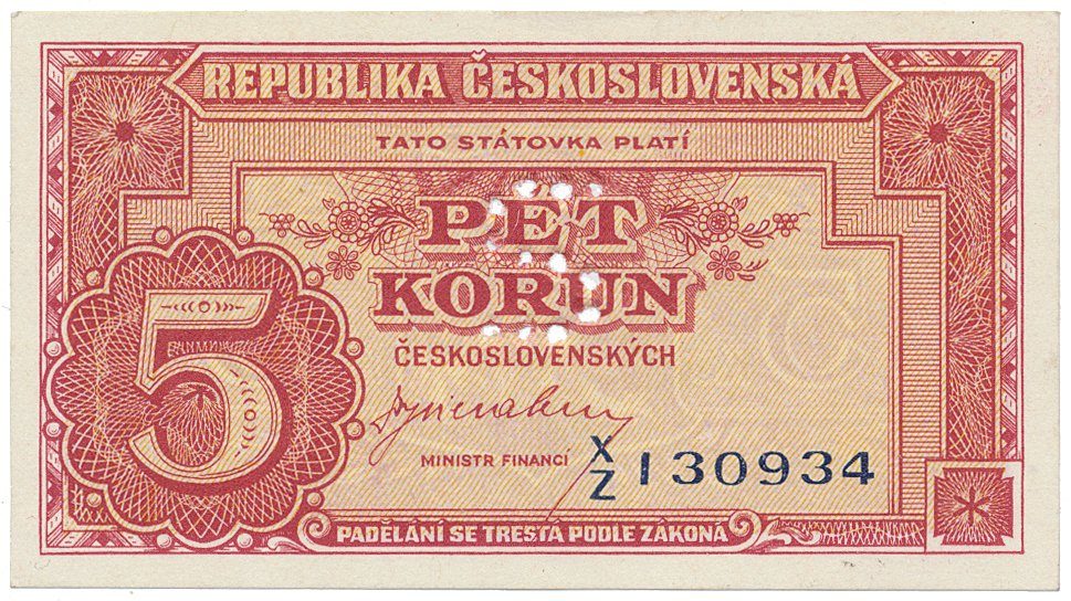 Československo, 5 Koruna b.d. (1945), perforace písmenem "S", Hej.70a.S3