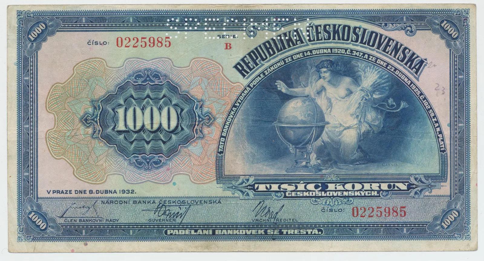 Československo, 1000 Koruna 1932, perf. 1x SPECIMEN nahoře, Hej.26a.S1