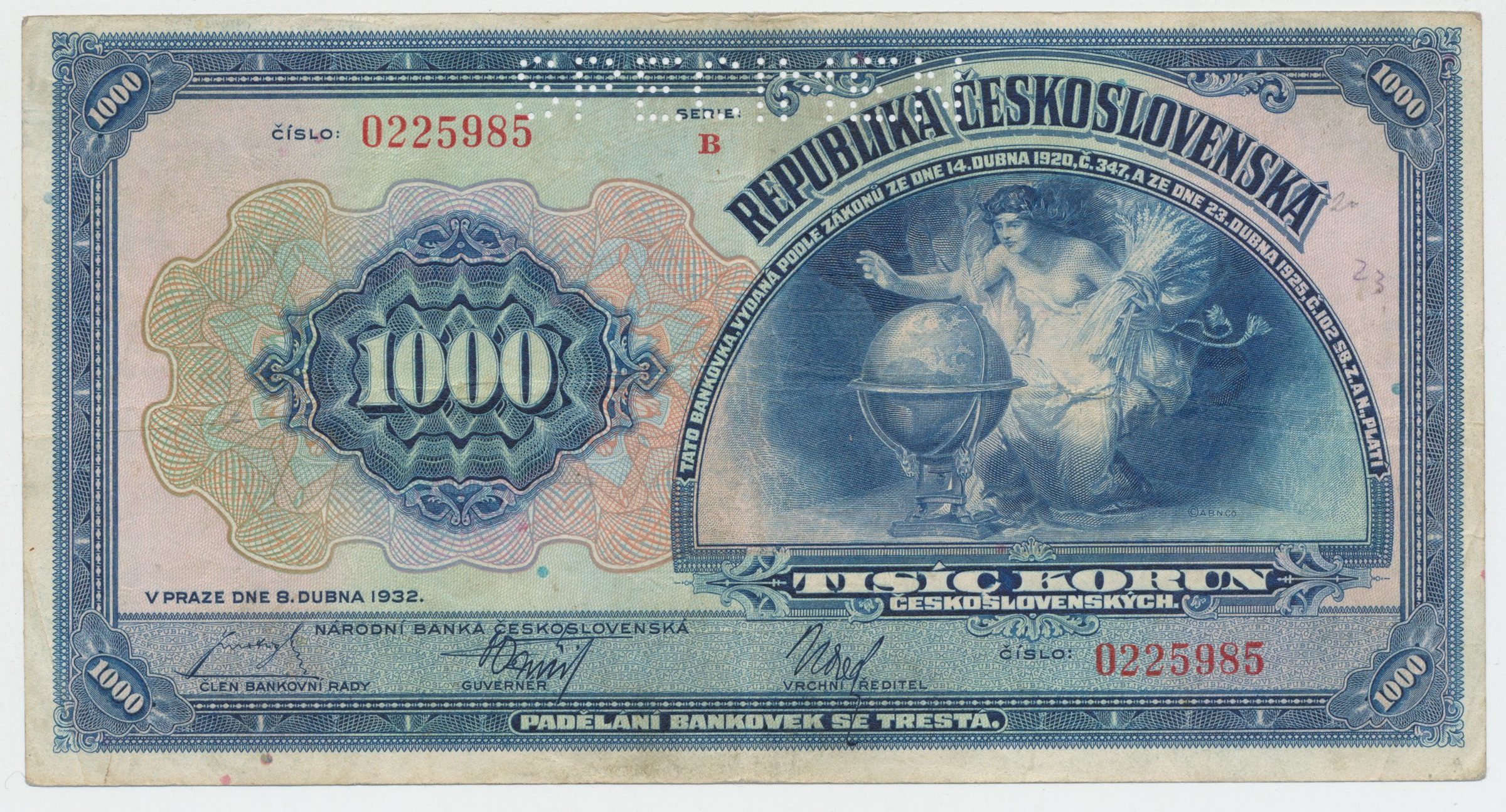 Československo, 1000 Koruna 1932, perf. 1x SPECIMEN nahoře, Hej.26a.S1