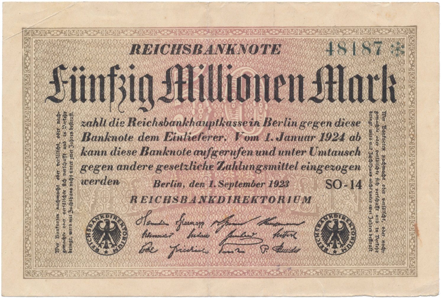 Německo, 50 Millionen Mark 1923, Ro.108d