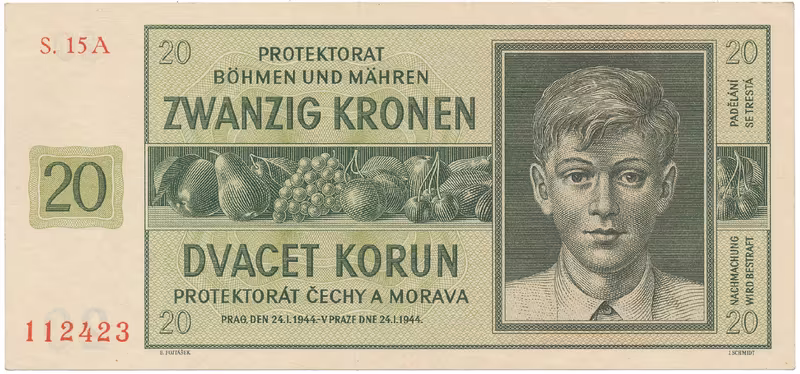 Protektorát Čechy a Morava, 20 Koruna 1944, série A, tisk NBČM, Hej.40a