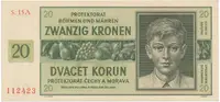 Protektorát Čechy a Morava, 20 Koruna 1944, série A, tisk NBČM, Hej.40a
