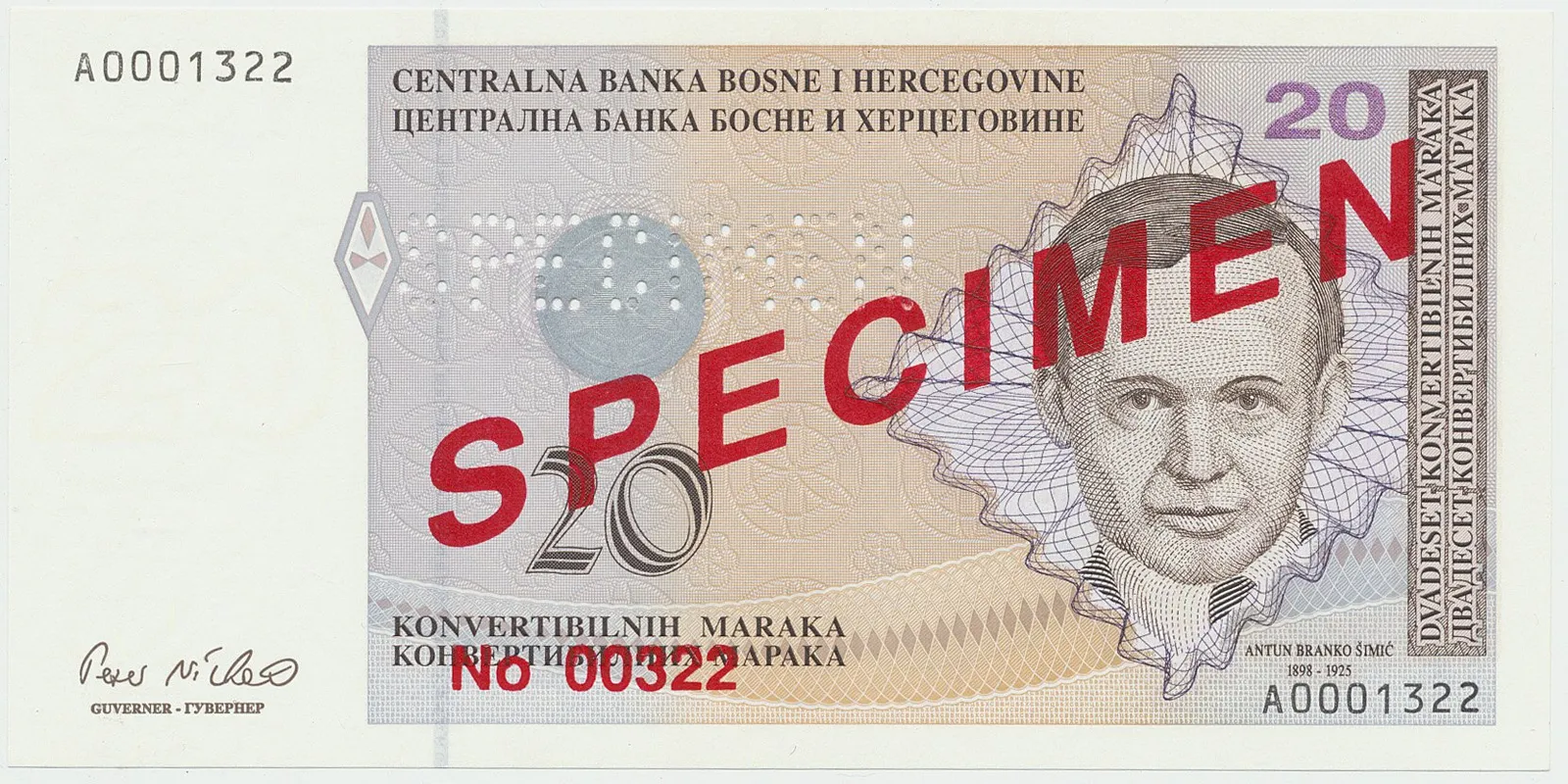 Bosna a Hercegovina, 20 Konvert. Marka (1998), anulát - SPECIMEN, P.65s