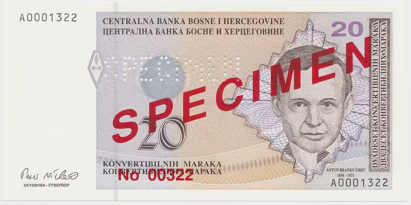 Bosna a Hercegovina, 20 Konvert. Marka (1998), anulát - SPECIMEN, P.65s