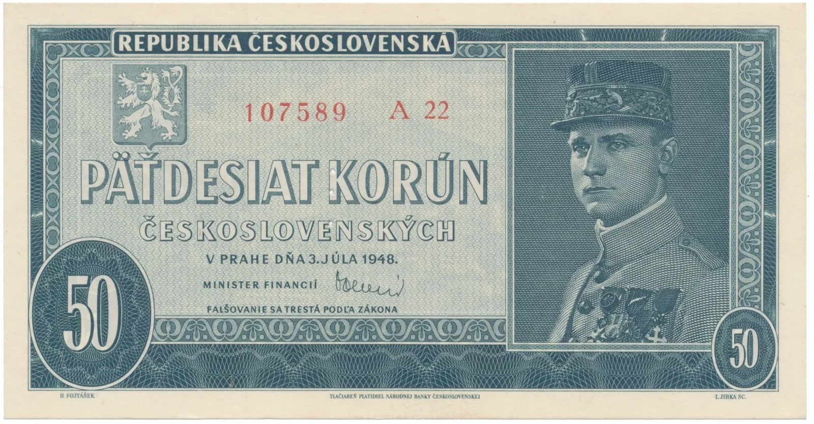 50 Koruna 1948, perforace 3 m.d., Hej.82bS1