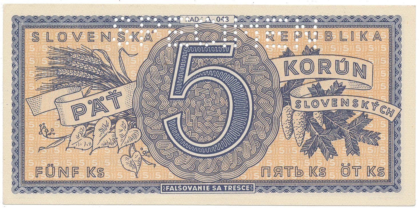 Slovensko, 5 Koruna b.d. (1945), série A, perf. 1x SPECIMEN nahoře, Hej.55aAS1