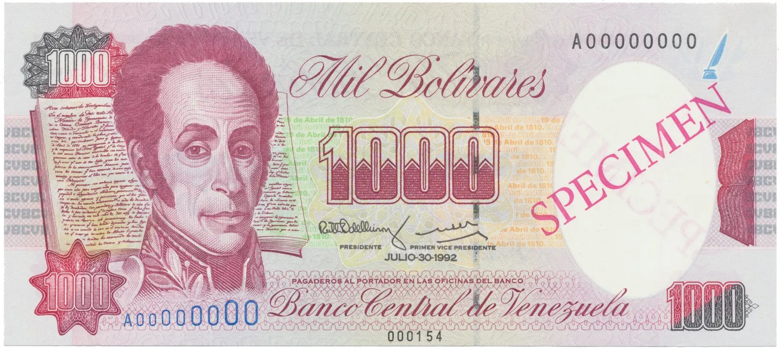 Venezuela, 1000 Bolivares 1992, anulát - SPECIMEN, P.73bs