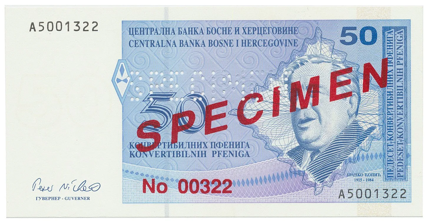 Bosna a Hercegovina, 50 Konvert. Pfeniga (1998), anulát - SPECIMEN, P.58s