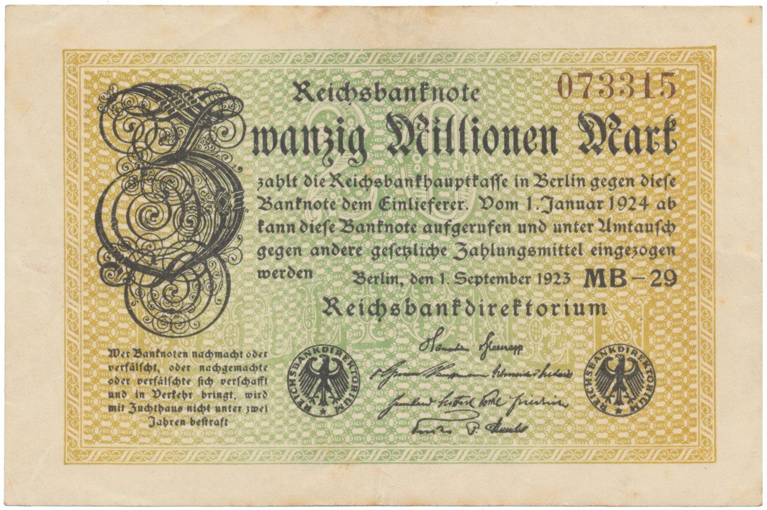 Německo, 20 Millionen Mark 1923, Ro.107e