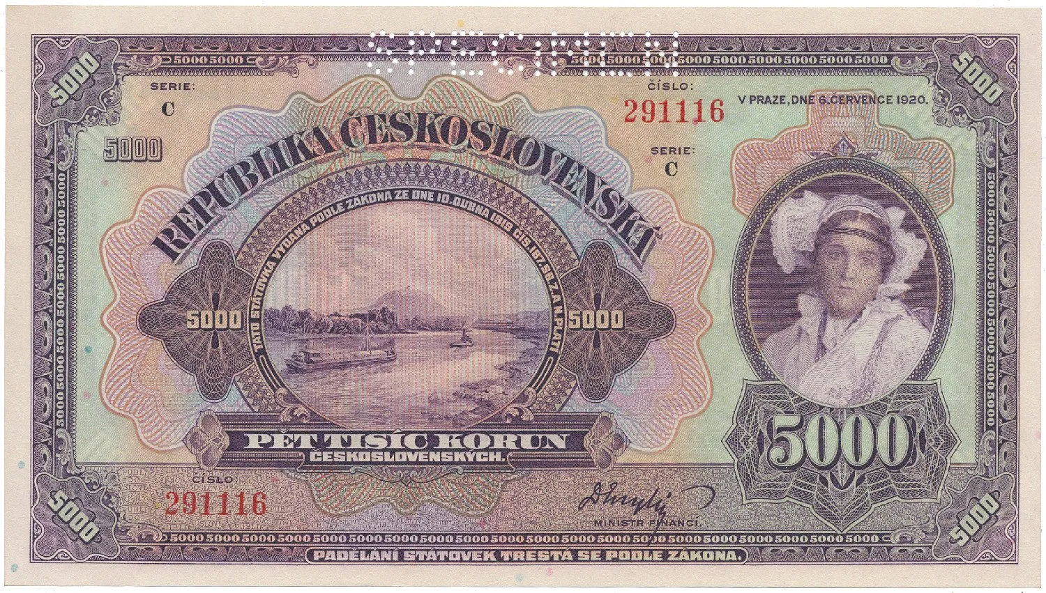 Československo, 5000 Koruna 1920, série C, perf. 1x SPECIMEN, Hej.17bC