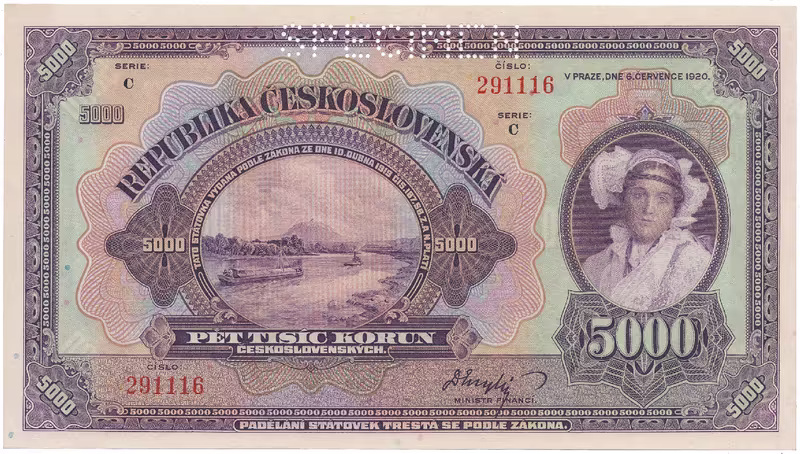 Československo, 5000 Koruna 1920, série C, perf. 1x SPECIMEN, Hej.17bC