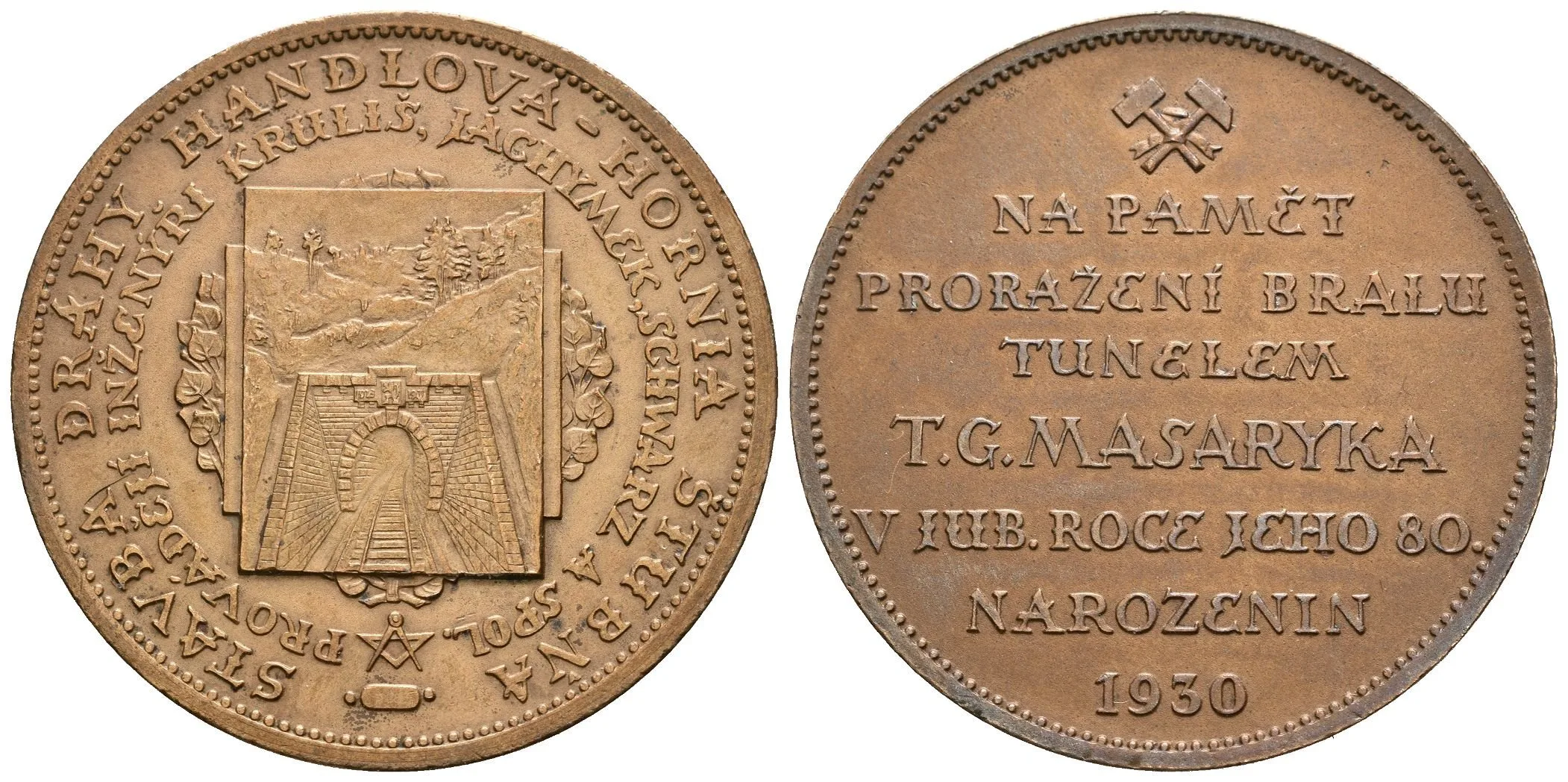 AE Medaile 1930 - K proražení tunelu T. G. Masaryka na dráze Handlová - Hornia Štubňa — 1