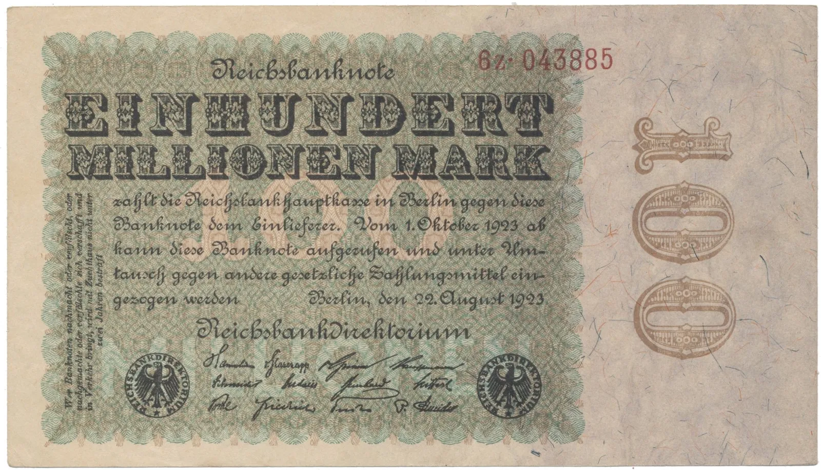 Německo, 100 Millionen Mark 1923, Eichenlaub, Ro.106c