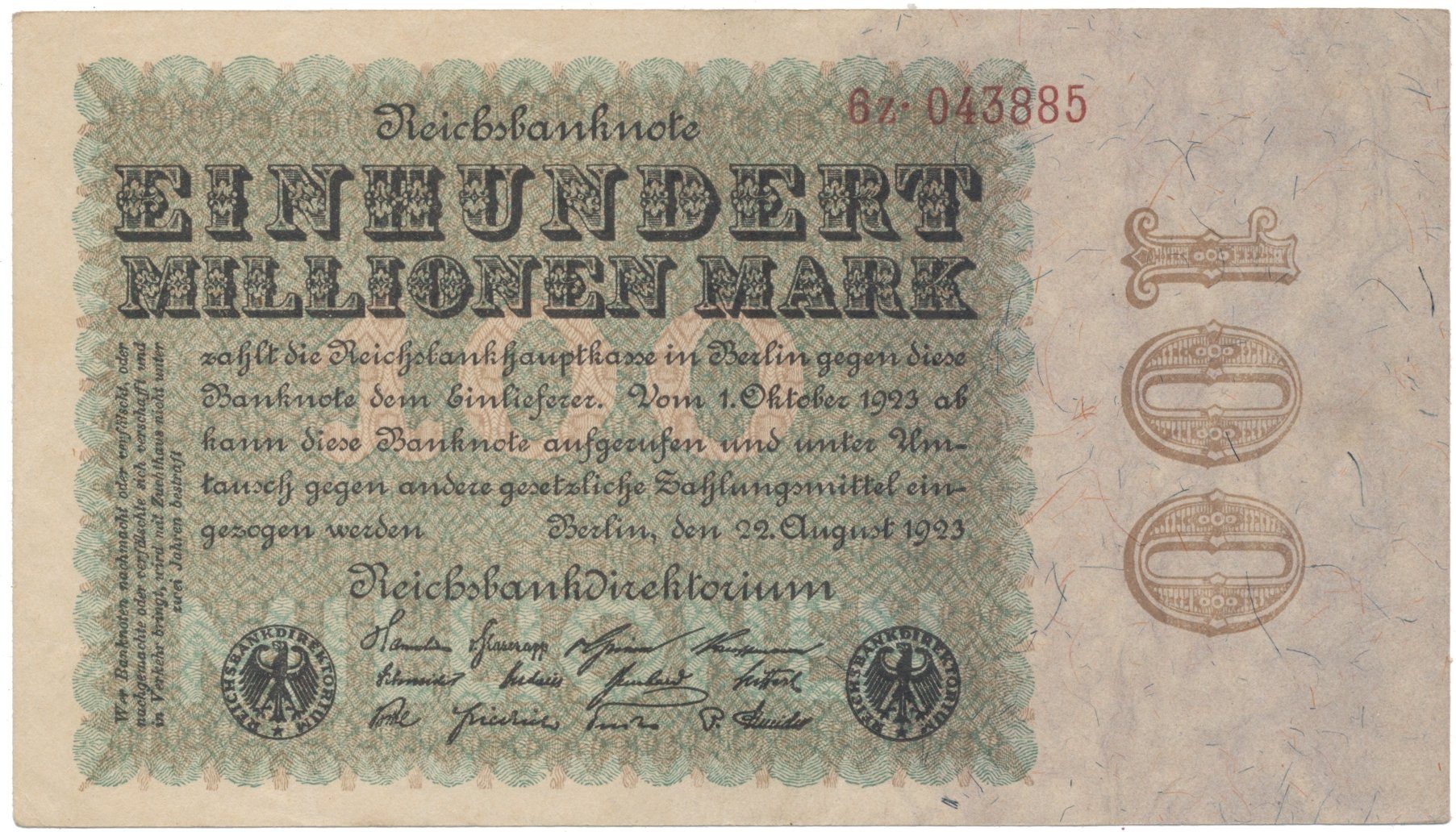 Německo, 100 Millionen Mark 1923, Eichenlaub, Ro.106c