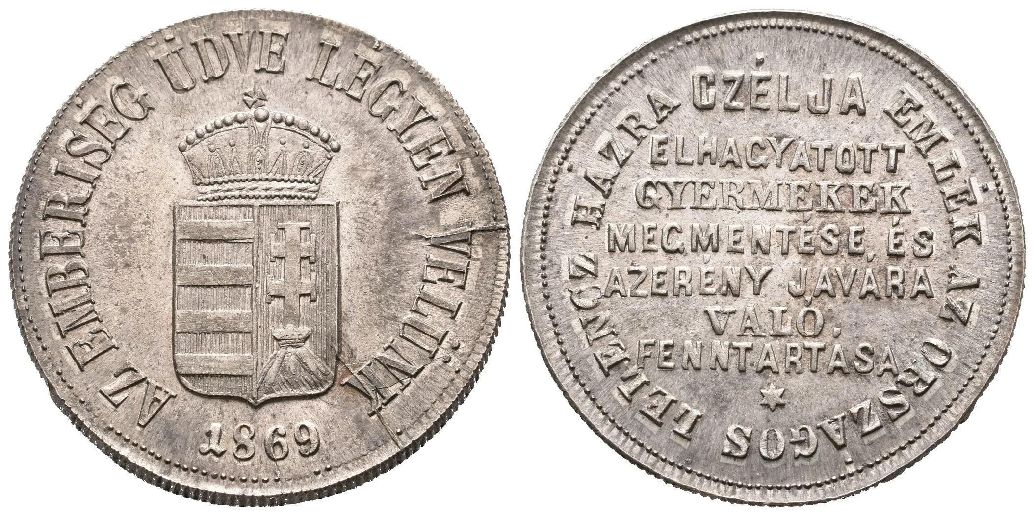AE Medaile 1869 - Na památku zřízení ústavu pro odložené a opuštěné děti. — 1