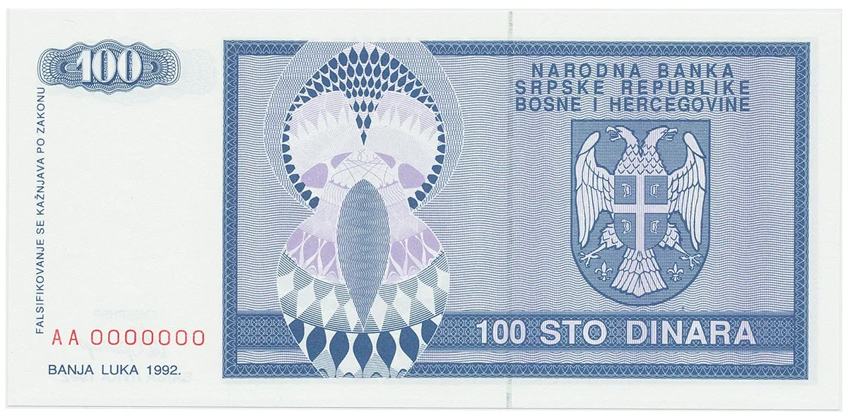 Bosna a Hercegovina, 100 Dinara 1992, anulát, AA 0000000, P.135