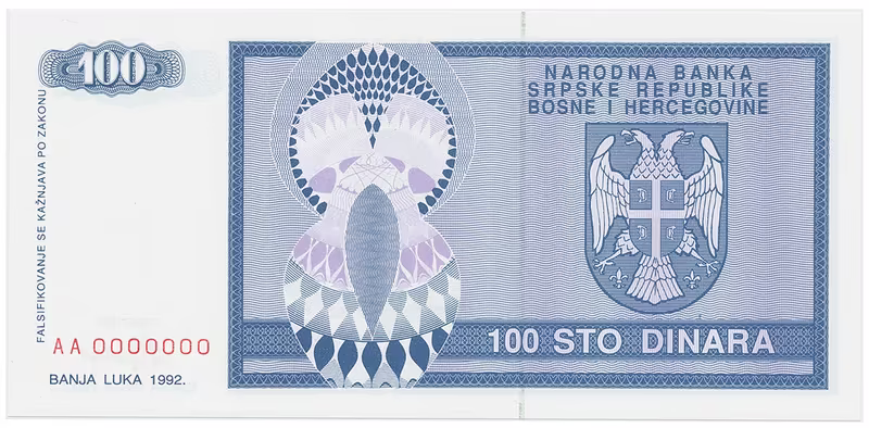 Bosna a Hercegovina, 100 Dinara 1992, anulát, AA 0000000, P.135