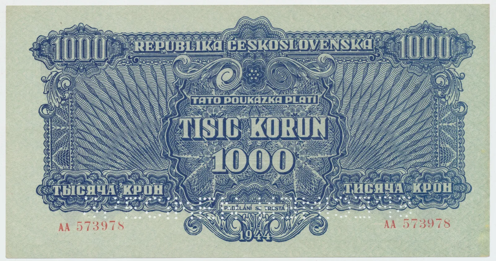 Československo, 1000 Koruna 1944, perf. 2x SPECIMEN dole, Hej.61a.S3