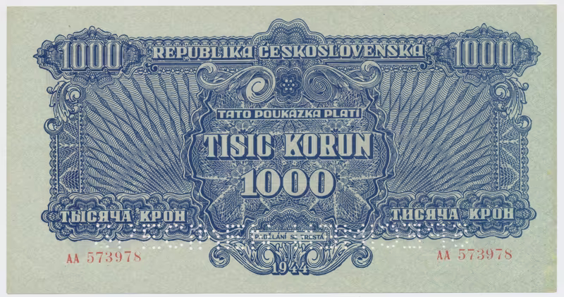 Československo, 1000 Koruna 1944, perf. 2x SPECIMEN dole, Hej.61a.S3