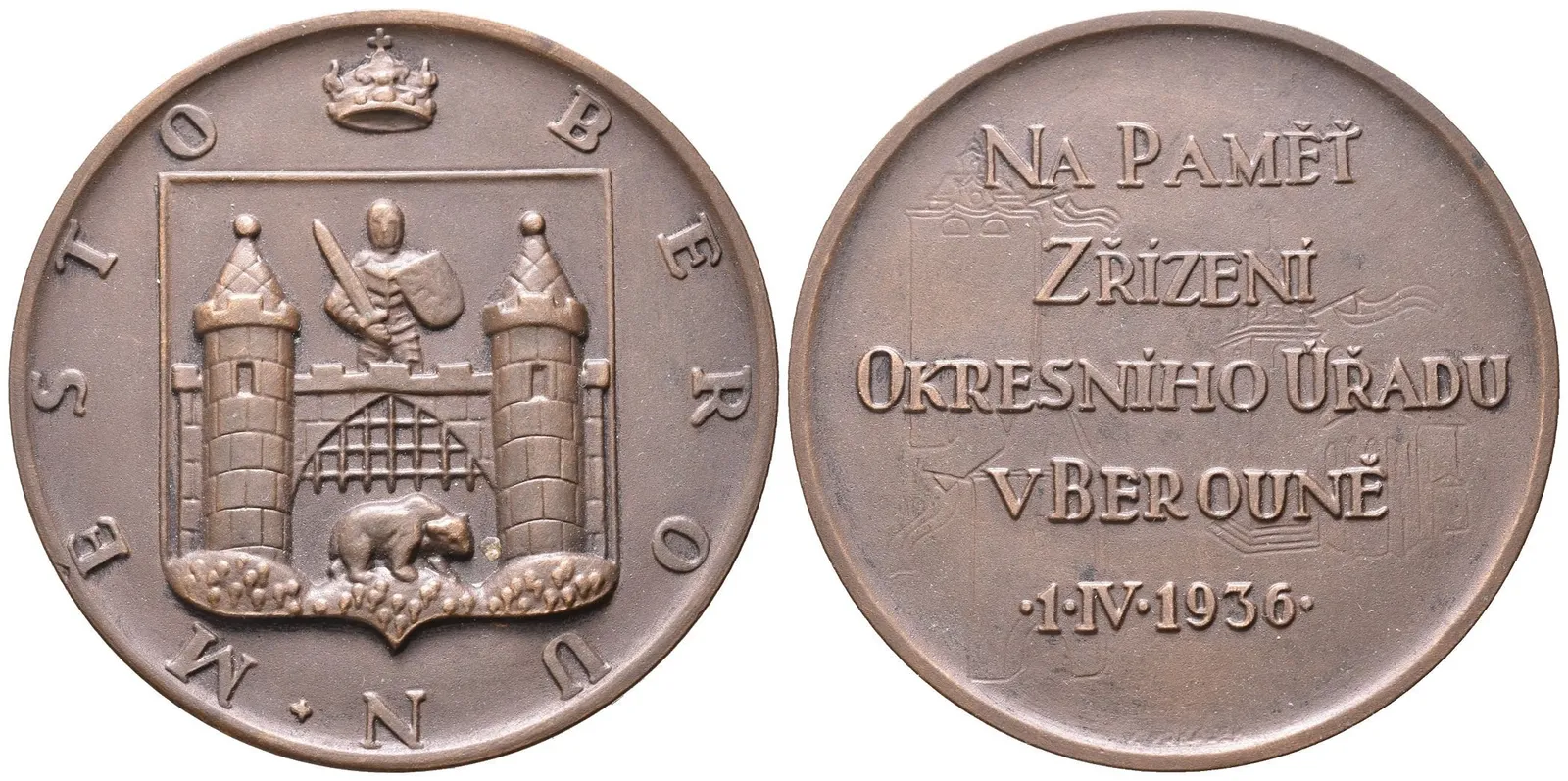 AE Medaile 1936 (Vokálek) - Na památku zřízení okresního úřadu. Pat. bronz 60 mm — 1