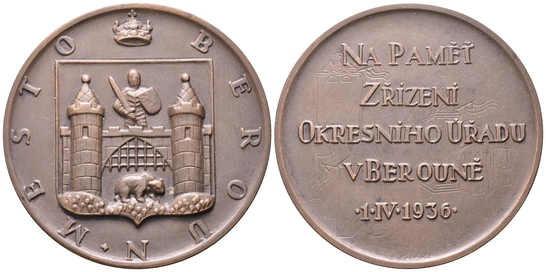 AE Medaile 1936 (Vokálek) - Na památku zřízení okresního úřadu. Pat. bronz 60 mm — 1