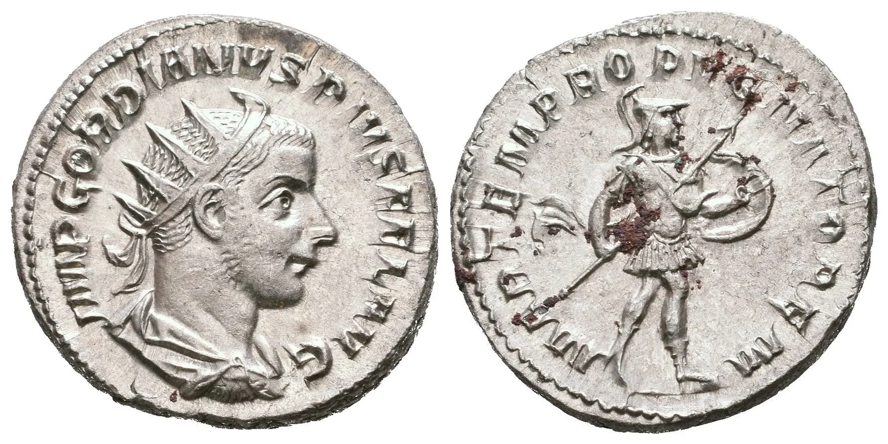 Antoninian, 243 - 244, Rv: MARTEM PROPVGNATOREM, kráčející Mars doprava nese — 1