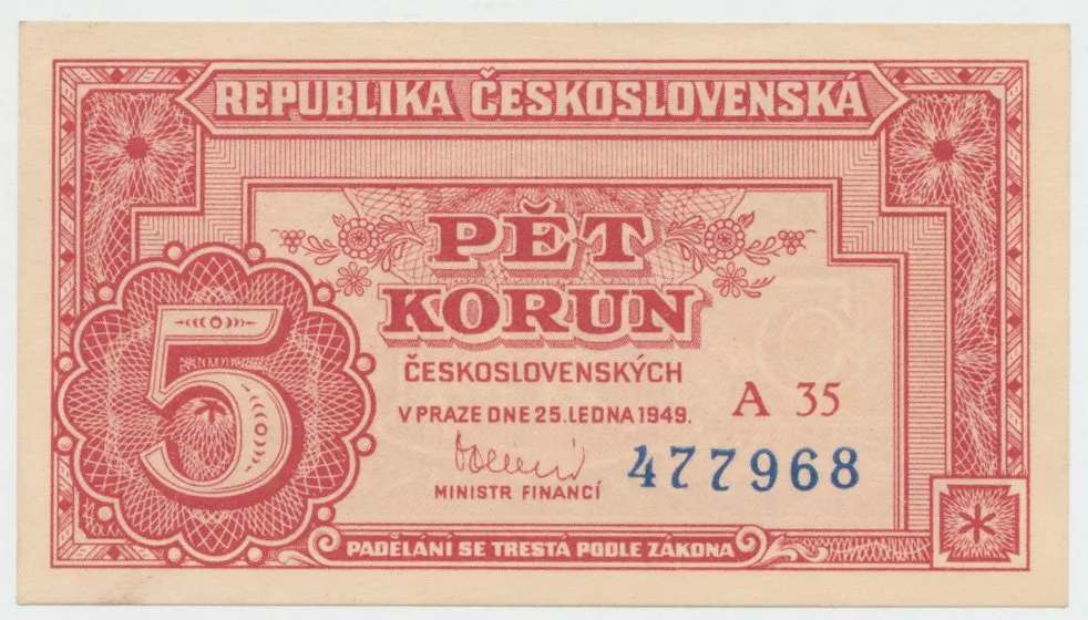 Československo, 5 Koruna 1949, série A 10 - 99, neperforovaná, Hej.83a2