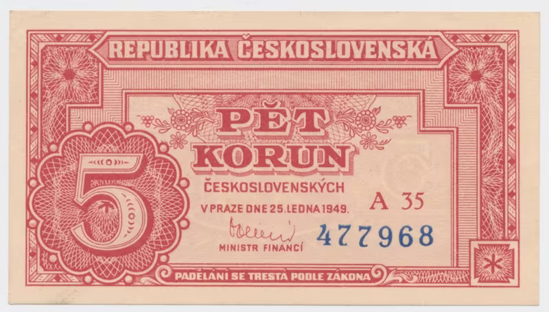 Československo, 5 Koruna 1949, série A 10 - 99, neperforovaná, Hej.83a2