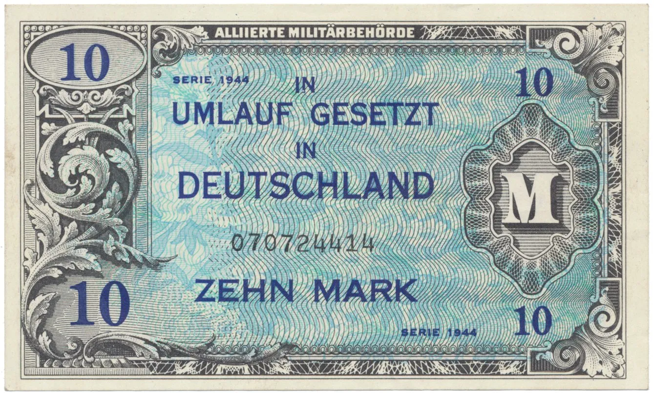 Okupační poukázky Allierte, 10 Mark 1944, tisk USA, 9-místný číslovač, Hej.AM4a