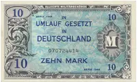 Okupační poukázky Allierte, 10 Mark 1944, tisk USA, 9-místný číslovač, Hej.AM4a