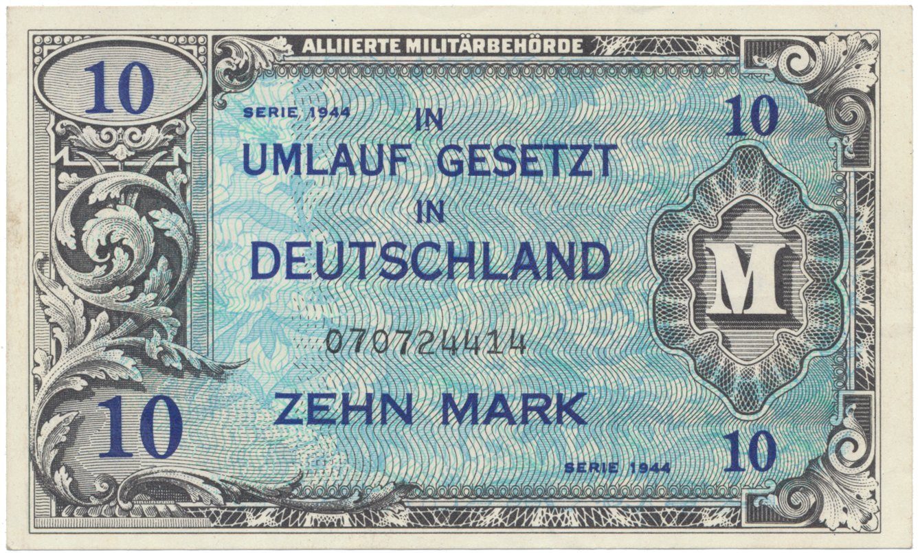 Okupační poukázky Allierte, 10 Mark 1944, tisk USA, 9-místný číslovač, Hej.AM4a